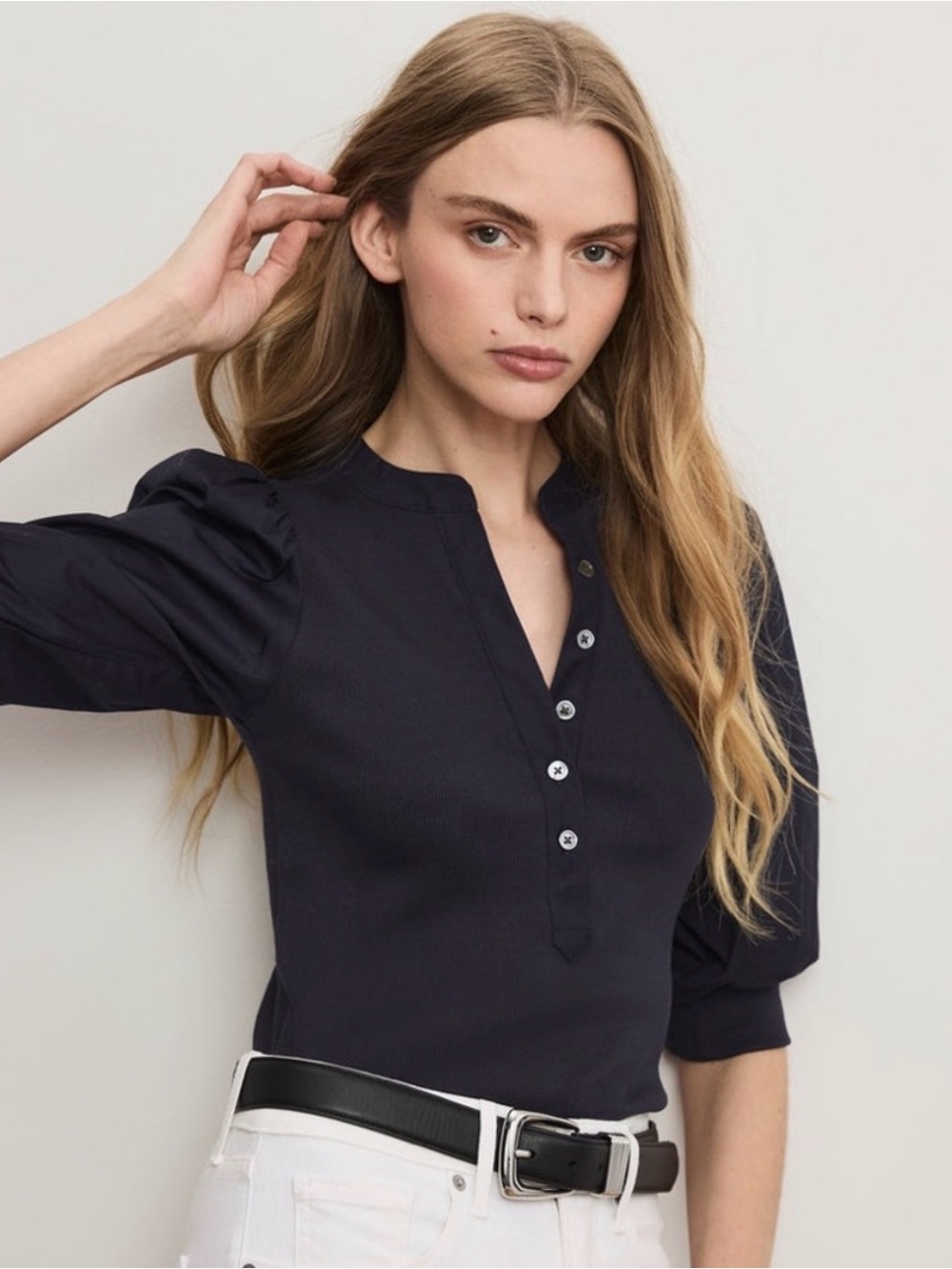 Veronica Beard Large Pima Cotton Coralee Top Ribbed Henley button black v-neck